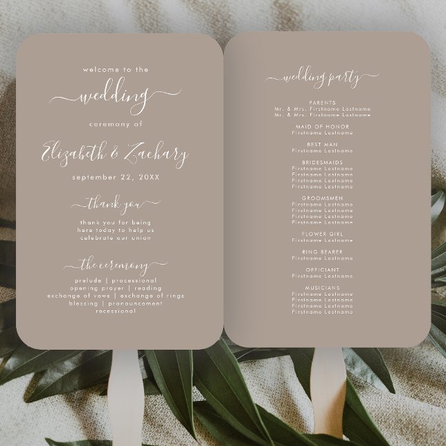 Modern Script Taupe Wedding Program Hand Fan (Creator Uploaded)
