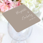 Modern Script Taupe Wedding Square Paper Coaster<br><div class="desc">These simple,  modern wedding coaster favors feature white text aligned to the right margin on a taupe background. Add the couple's names in stylish handwriting calligraphy.</div>