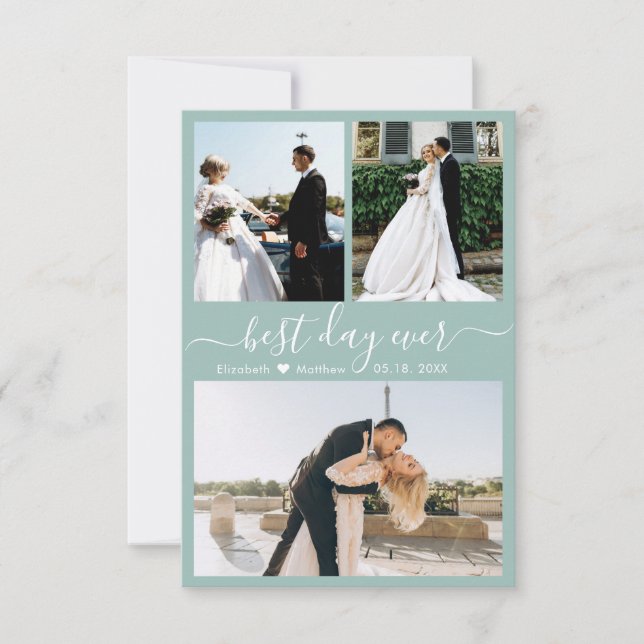 Modern Script Teal 3 Photo Collage Wedding Thank You Card (Front)