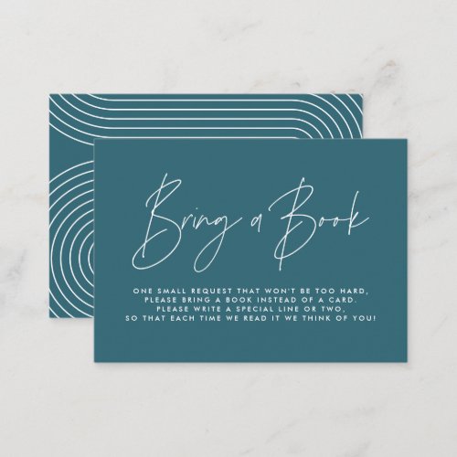 Modern script teal blue baby shower bring a book  note card