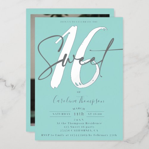 Modern script teal blue photo Sweet 16 silver Foil Invitation