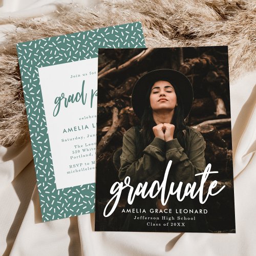 Modern Script Teal Green Photo Graduation Party Invitation