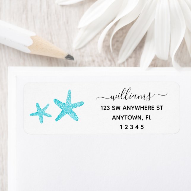 Modern Script Teal Starfish Return Address Label (Insitu)