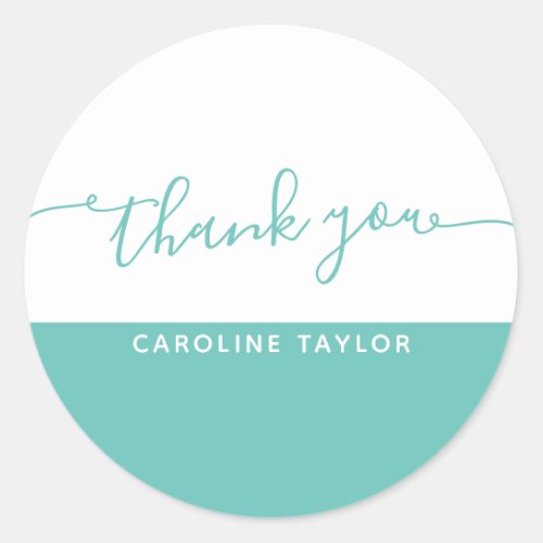 Modern Script Teal  White Thank You Classic Round Sticker