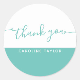 Modern Script Teal & White Thank You Classic Round Sticker