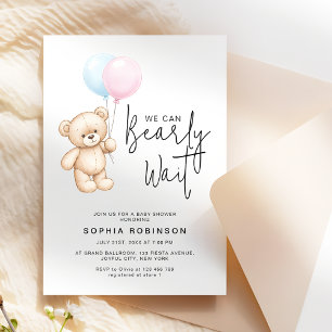 Modern Script Teddy Bear Minimalist Baby Shower Invitation