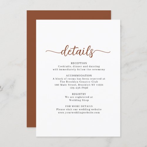 Modern Script Terracotta Wedding Details Enclosure Card