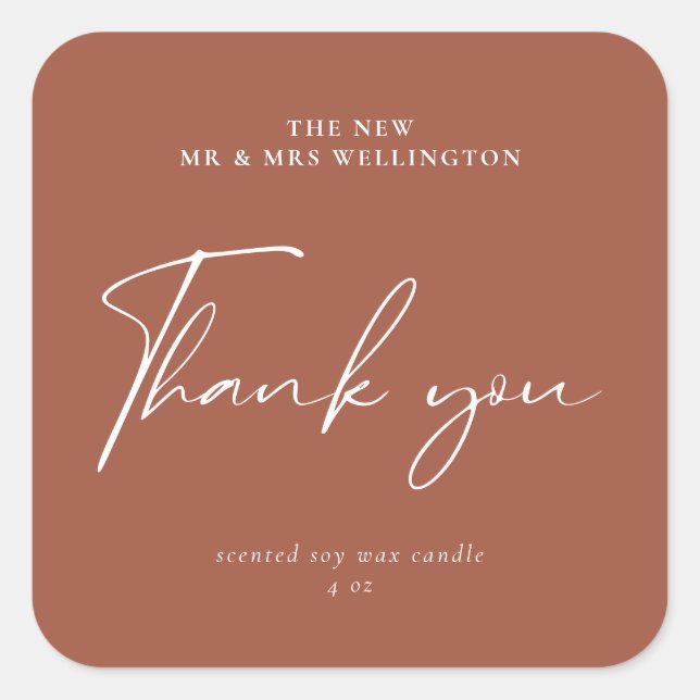Modern Script Terracotta Wedding Favor Candle Square Sticker (Front)