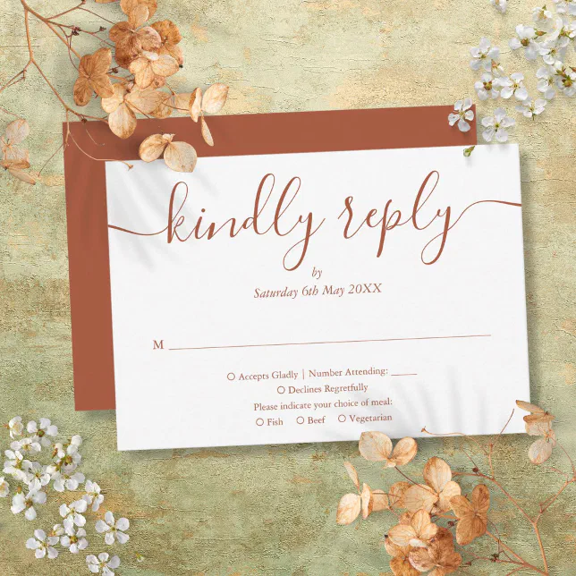 Modern Script Terracotta Wedding Meal Choice RSVP Card

