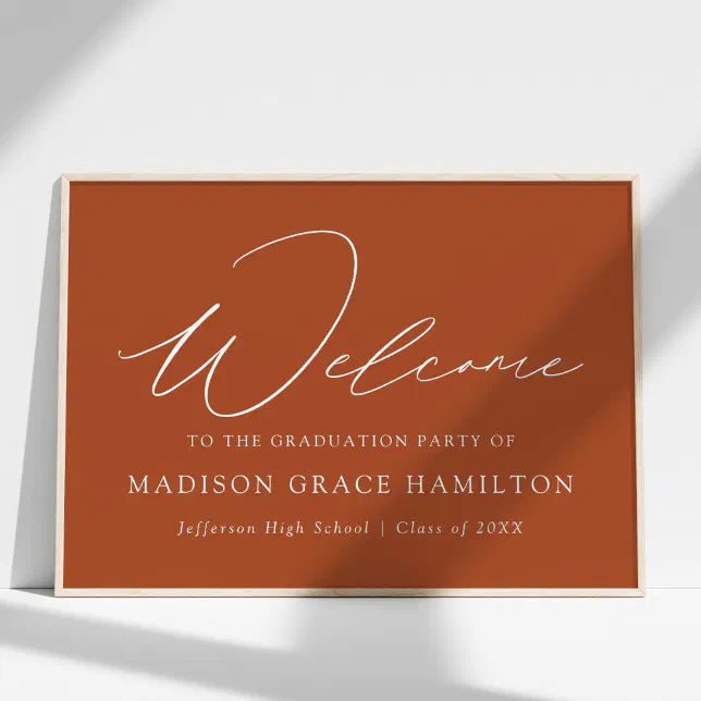 Welcome Modern Script Modern Script Terracotta Welcome Graduation Party Poster | Zazzle