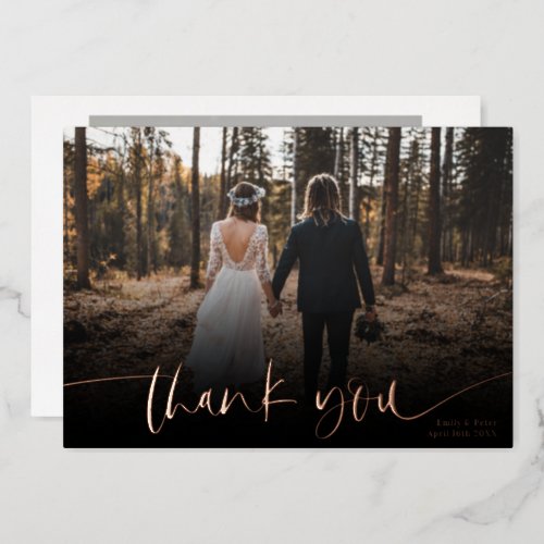 Modern script thank you 2 photos wedding foil invitation