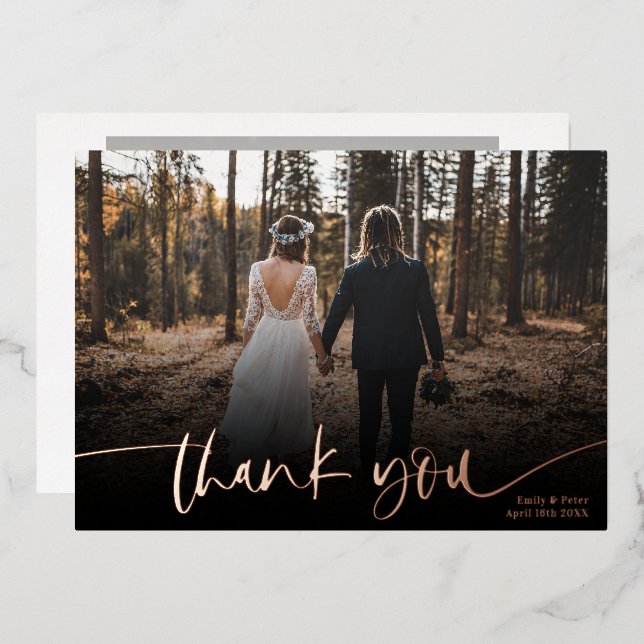 Modern script thank you 2 photos wedding foil invitation (Front/Back)