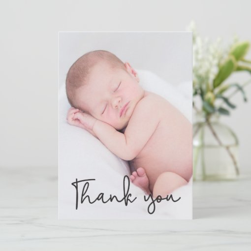 Modern Script Thank You Baby Photo birth Announcement | Zazzle