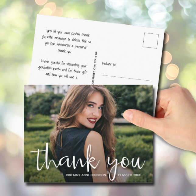 Modern Script Thank You Photo Graduation Postcard (Modern script thank you photo graduation postcards)