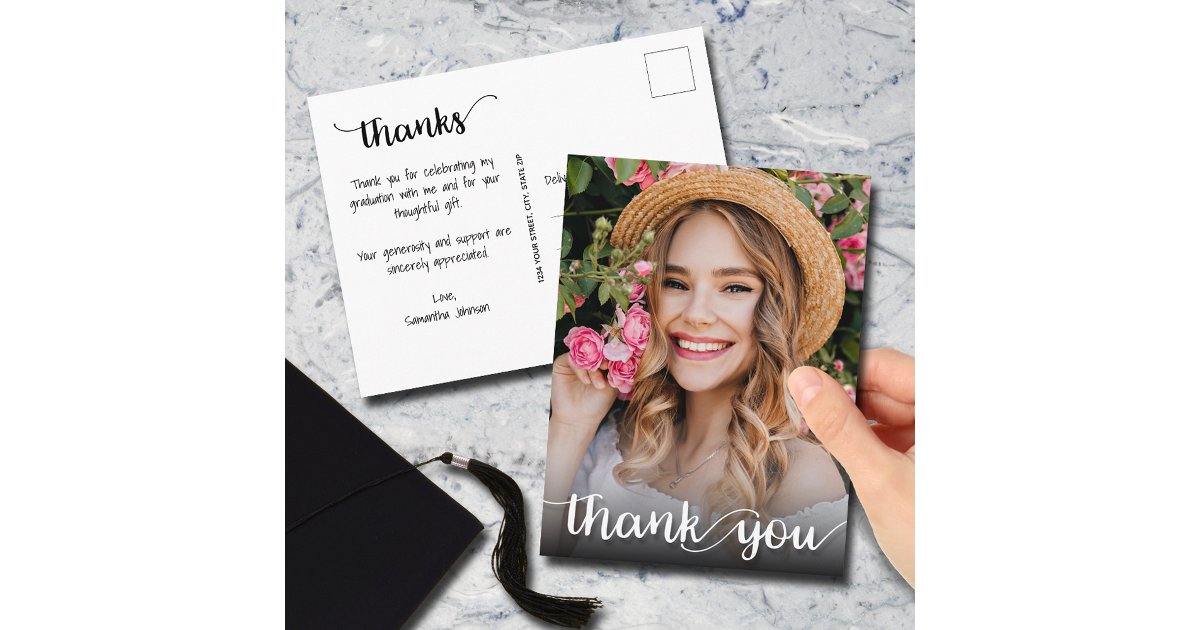Modern Script Thank You Photo Graduation Postcard | Zazzle
