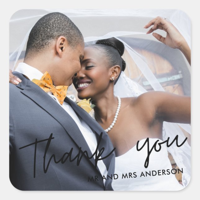 Modern Script Thank You Photo Wedding Favor Square Sticker (Front)