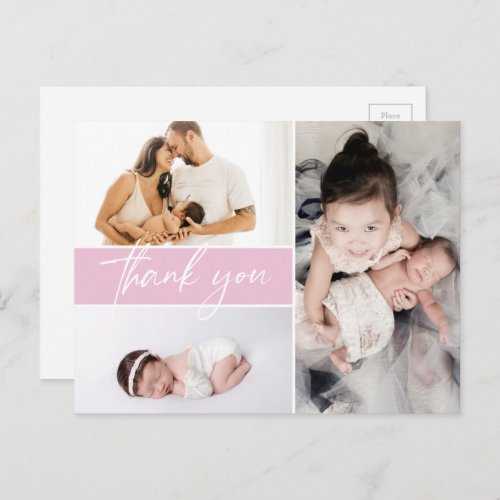 Modern script Thank You Pink baby photos Girl  Announcement Postcard