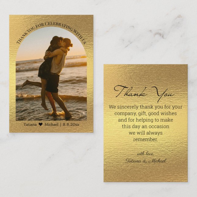 modern script thank you wedding photo gold foil note card (Front/Back)