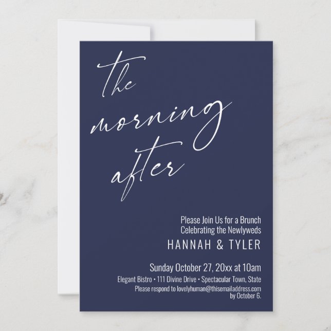 Modern Script The Morning After Brunch Navy Blue Invitation (Front)