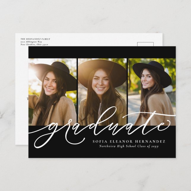 Modern script three photo graduation invitation (Front/Back)