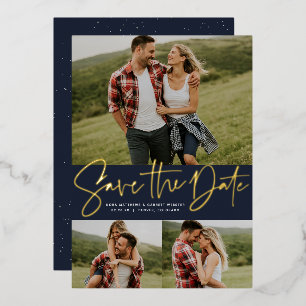 Modern script three photo navy save the date foil invitation