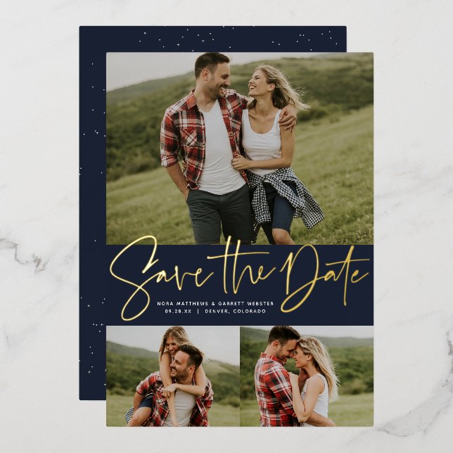 Modern script three photo navy save the date foil invitation (Front/Back)