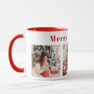 Modern Script Three Photo Red Merry & Bright Mug