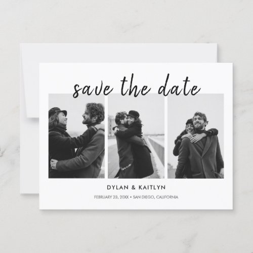 Modern Script Three Photos Save the Date Postcard