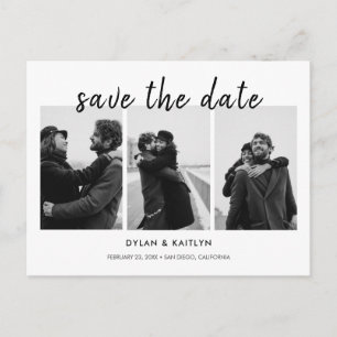 Modern Script Three Photos Save the Date Postcard
