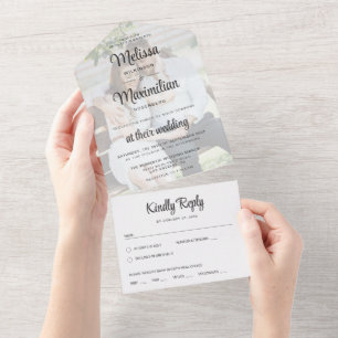 Modern script transparent photo simple wedding all in one invitation