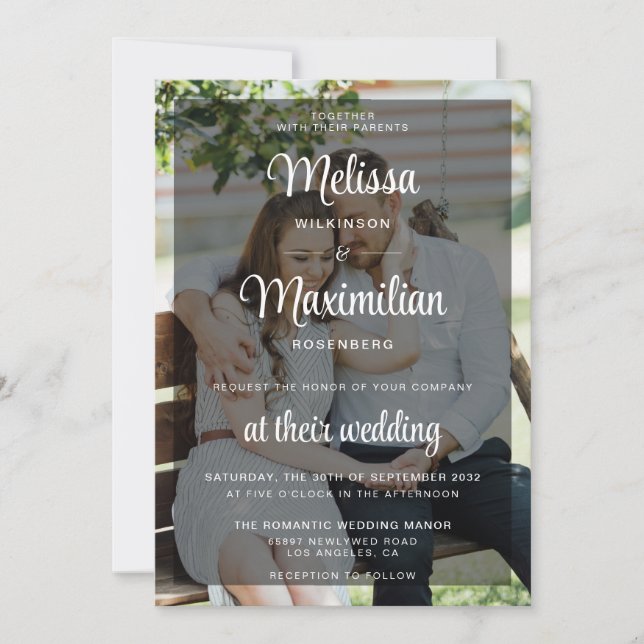 Modern script transparent photo simple wedding  invitation (Front)