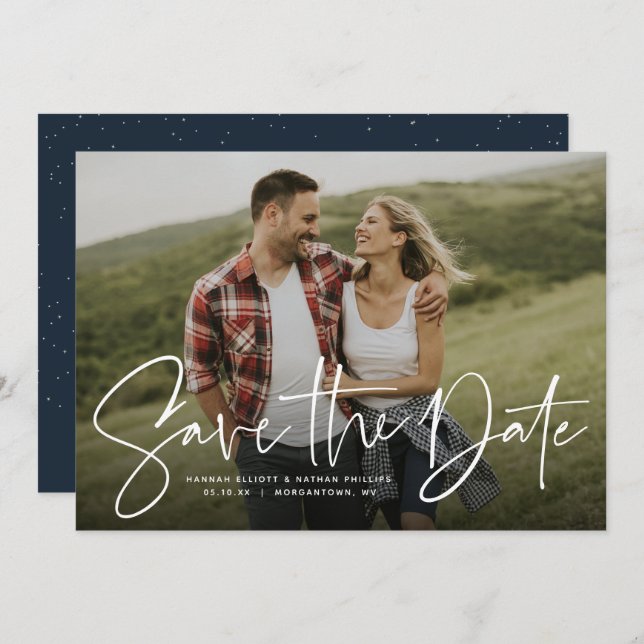 Modern script trendy navy save the date photo card (Front/Back)