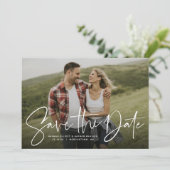 Modern script trendy navy save the date photo card (Standing Front)