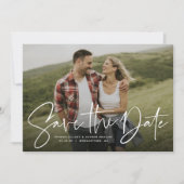 Modern script trendy navy save the date photo card (Front)