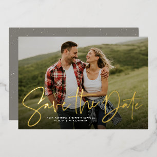 Modern script trendy one photo save the date foil  invitation