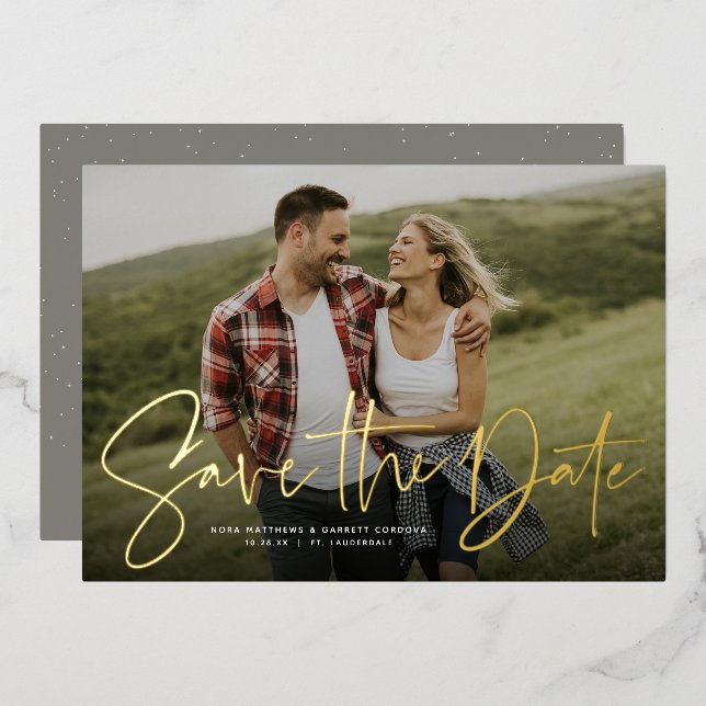 Modern script trendy one photo save the date foil  invitation (Front/Back)