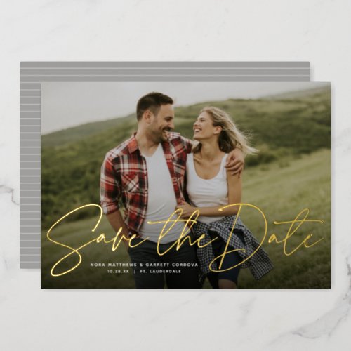 Modern script trendy one photo save the date foil invitation