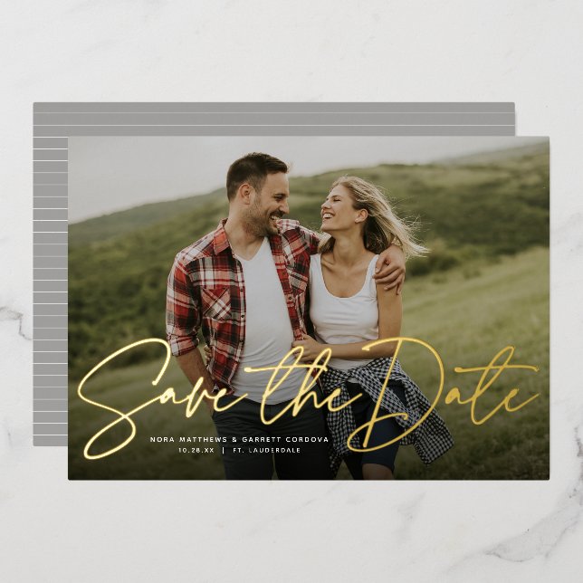 Modern script trendy one photo save the date foil invitation (Front/Back)