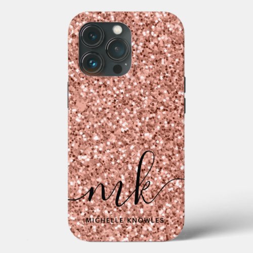 Modern Script Trendy Rose Gold Glitter Monogram iPhone 13 Pro Case