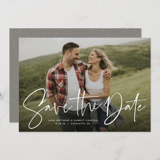Modern script trendy save the date photo card (Front/Back)