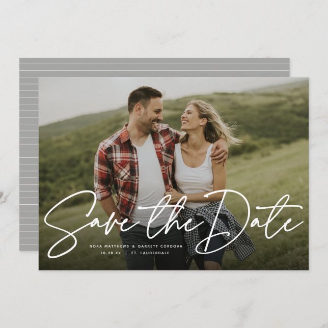 Modern script trendy save the date photo card (Front/Back)