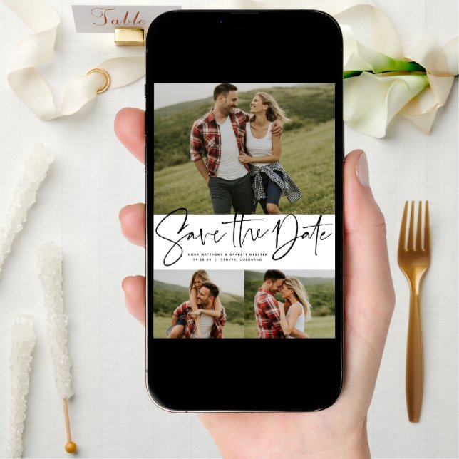Modern script trendy three photo black and white save the date (Front Digital)