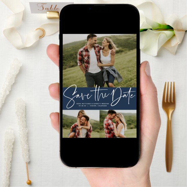 Modern script trendy three photo navy save the date (Front Digital)
