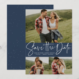 Modern script trendy three photo navy save the date