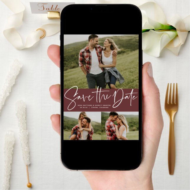 Modern script trendy three photo save the date (Front Digital)