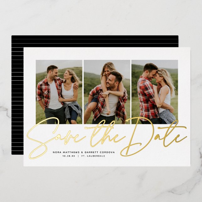 Modern script trendy three photo save the date foil invitation (Front/Back)