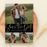 Modern script trendy three photo save the date foil invitation<br><div class="desc">With a three photos and a modern script written "save the date" in foil on a black background, this card is the perfect way to announce your engagement and upcoming wedding to friends and family. The text is bold and modern but still sophisticated. The customizable text on the front has...</div>