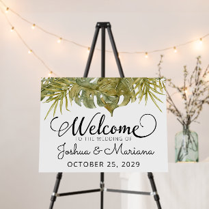 Modern Script Tropical Leaves Wedding Welcome Sign