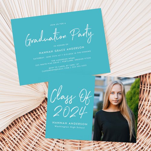 Modern Script Turquoise Photo Graduation Party Invitation