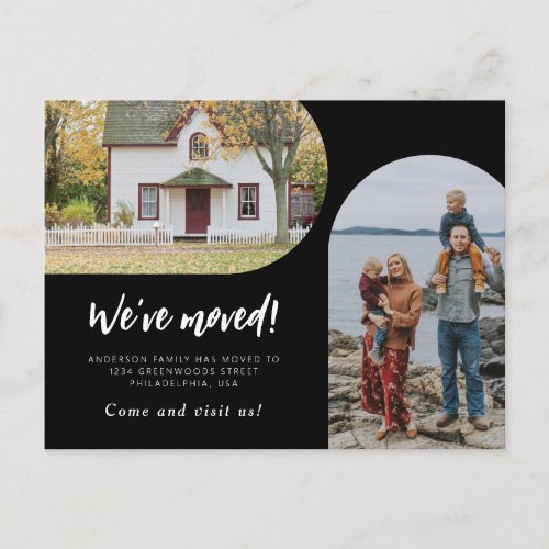 Modern Script Two Arch Photo Weve Moved Black Announcement Postcard